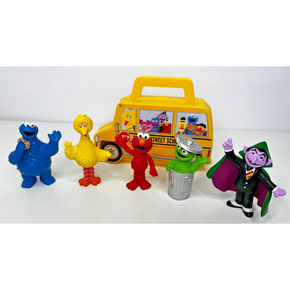 Sesame Street Fill A Bus Case 5 PVC Figures Oscar Count Elmo Cookie Monster Big